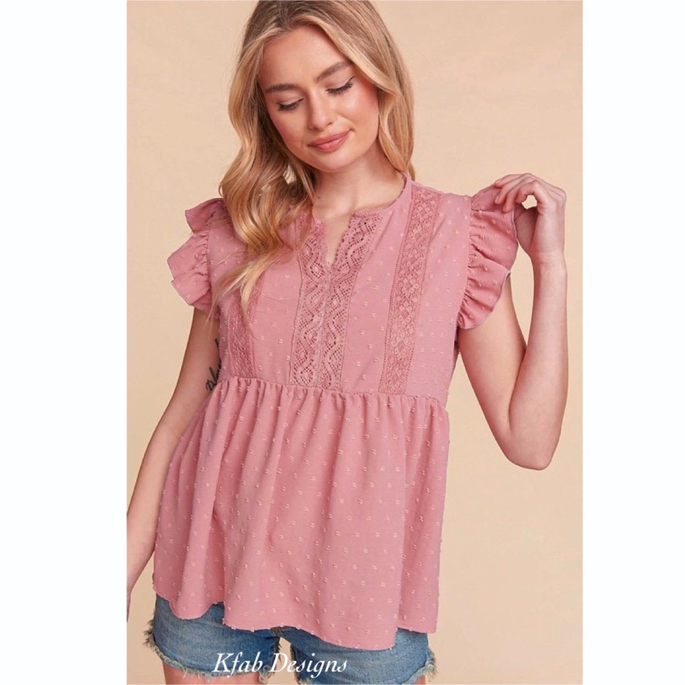 LAST ONE! Crochet/Lace Swiss Dot Cap Ruffle Sleeve Woven Top in Dusty Rose! - Picture 7 of 11